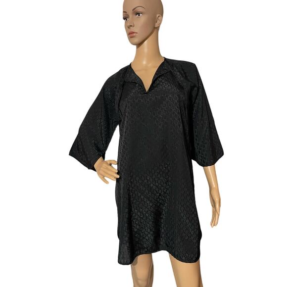 PAULA SAKER MINI DRESS|SWIM COVER UP BLACK SMALL SEMI SHEER GEO PRINT - Picture 1 of 10